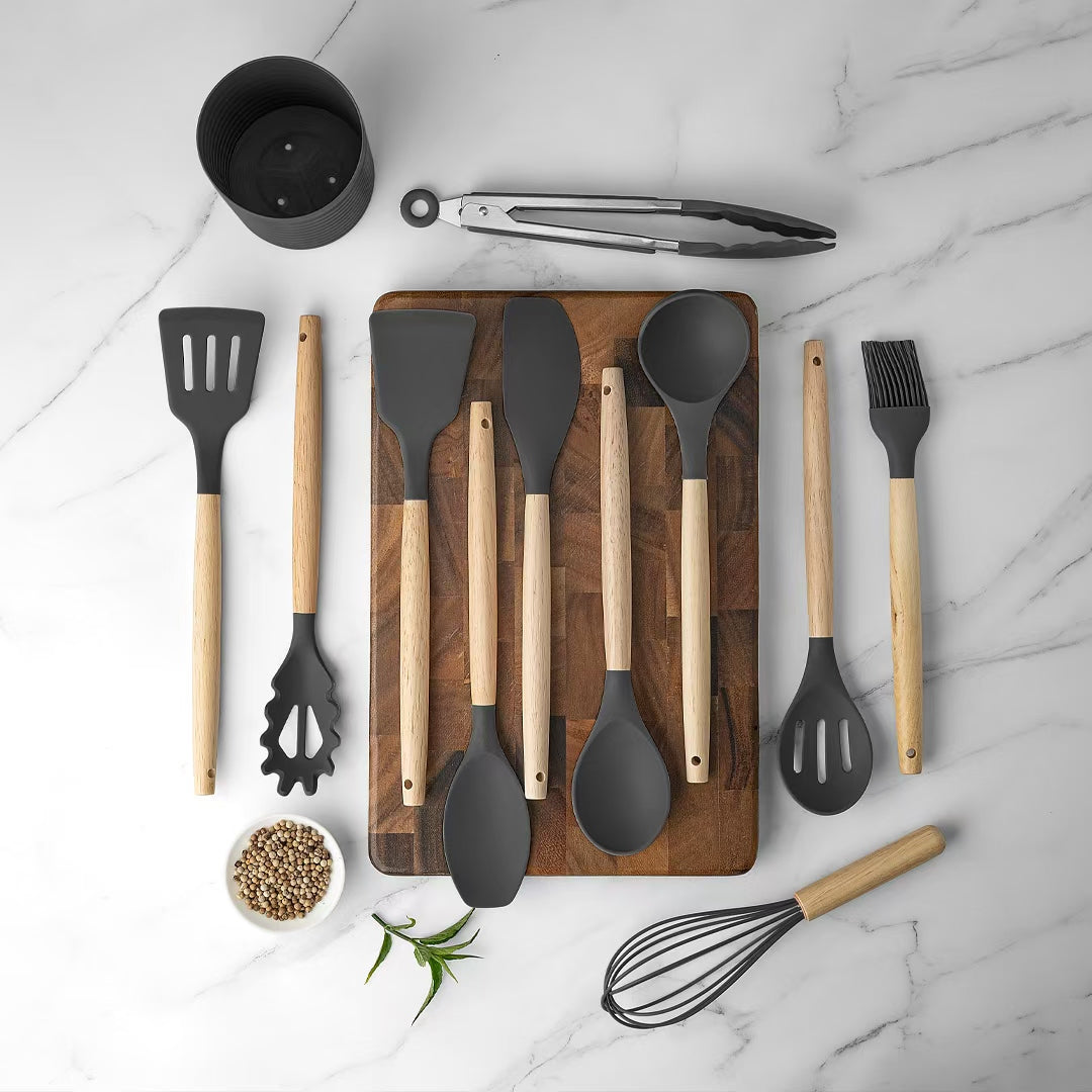 12-Piece Silicone Kitchen Utensil Set with Wooden Handles & Holder – Non-Stick Cooking Tools