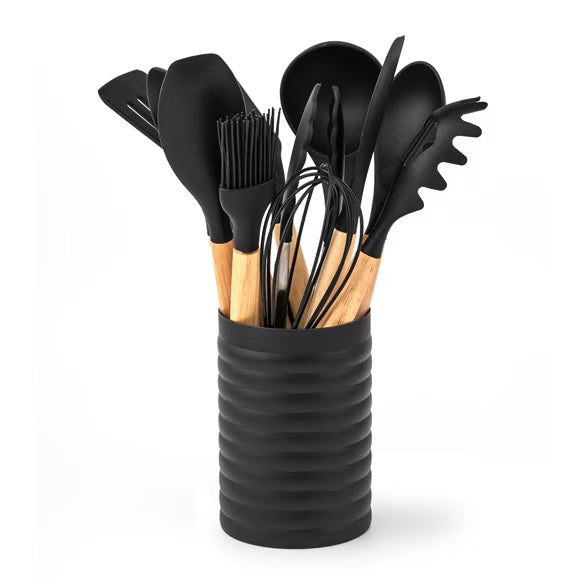 12-Piece Silicone Kitchen Utensil Set with Wooden Handles & Holder – Non-Stick Cooking Tools
