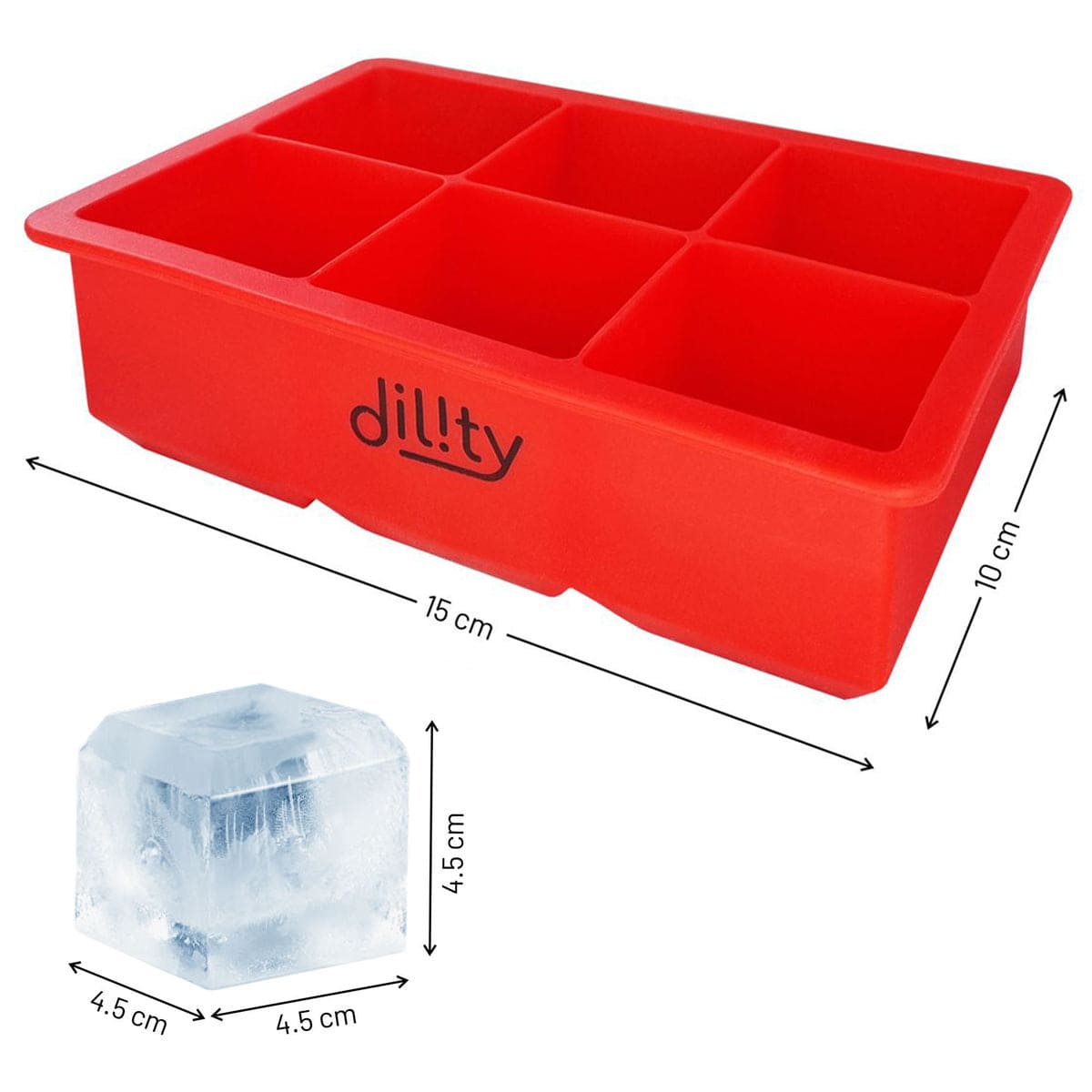 Silicone Extra Large Ice Cube Trays, 2 Trays, 6 Cubes per Tray Red